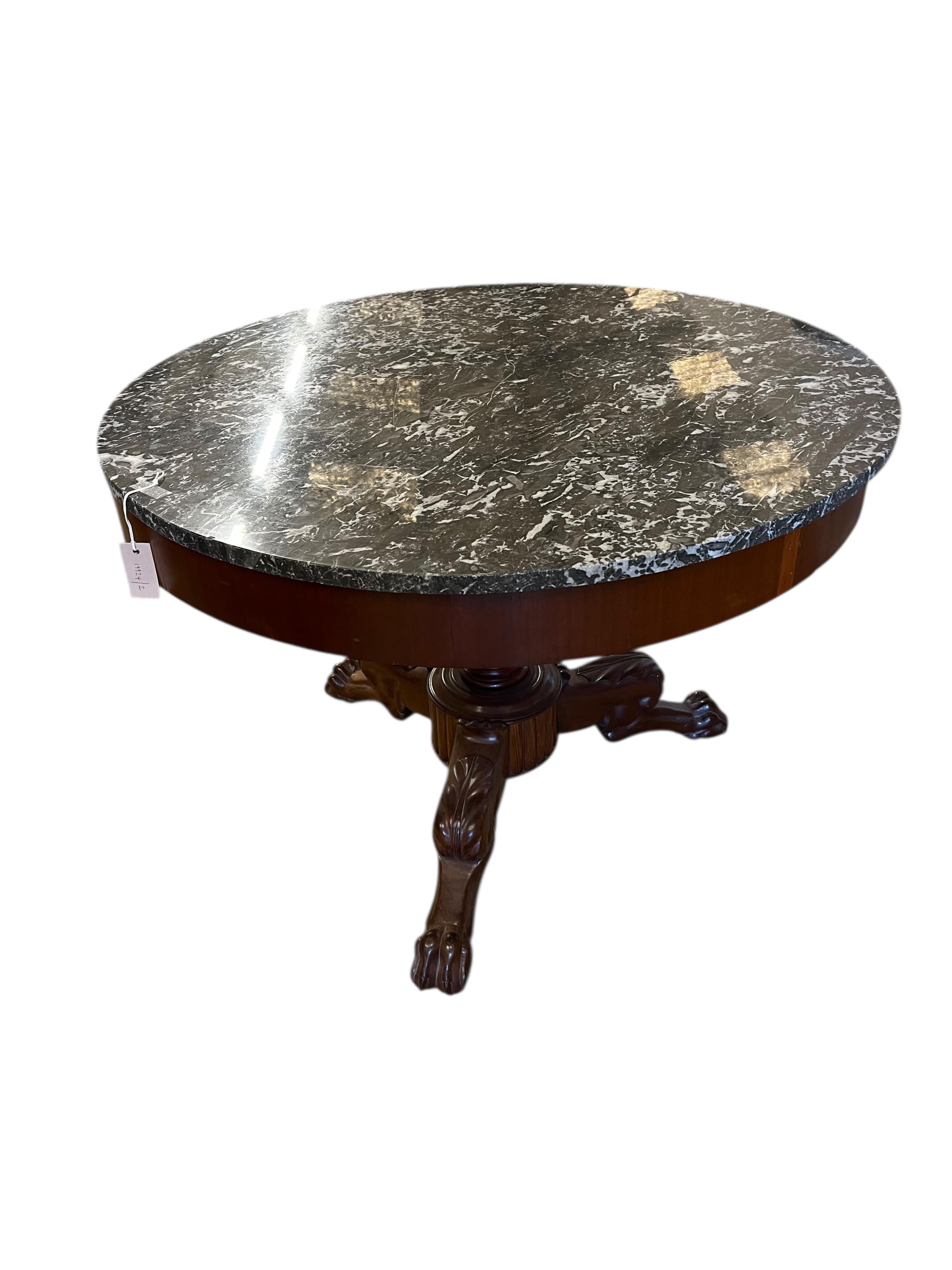 A French circular mahogany marble topped centre table, diameter 100cm, height 70cm